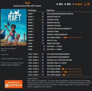 Raft Trainer for PC game version Early Access Update 13