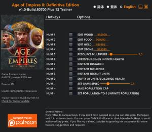 Age of Empires II: Definitive Edition Trainer for PC game version Build 50700