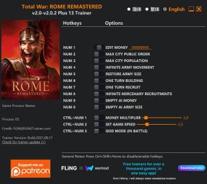 Total War: Rome Remastered Trainer for PC game version v2.0.2