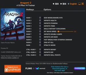 Aragami 2 Trainer for PC game version v1.0