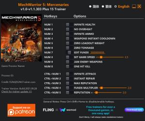MechWarrior 5: Mercenaries Trainer for PC game version v1.1.303