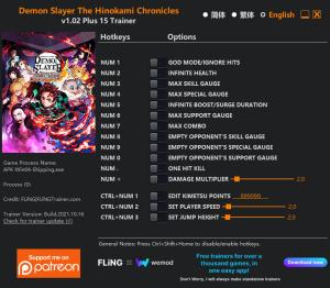 Demon Slayer -Kimetsu no Yaiba- The Hinokami Chronicles Trainer for PC game version v1.02.0