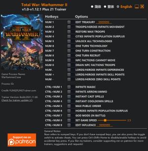 Total War: Warhammer 2 Trainer for PC game version v1.12.1 2021.11.06