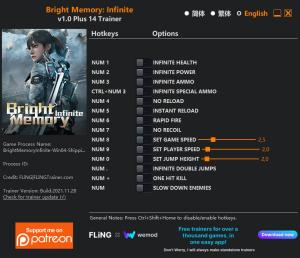 Bright Memory: Infinite Trainer for PC game version v1.0