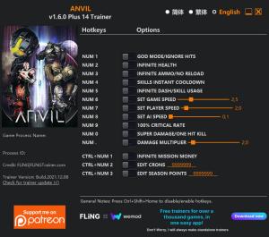 ANVIL Trainer for PC game version v1.6.0