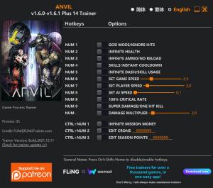 ANVIL Trainer for PC game version v1.6.1