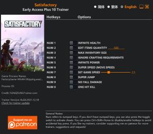 Satisfactory Trainer for PC game version Build 109075-176089