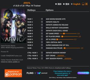 ANVIL Trainer for PC game version v1.8.1