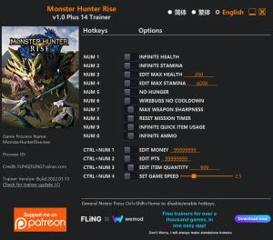 Monster Hunter: Rise Trainer for PC game version v1.0