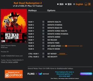 Red Dead Redemption 2 Trainer for PC game version v1436.31