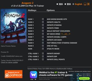 Aragami 2 Trainer for PC game version v1.0.29913