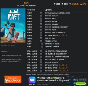 Raft Trainer for PC game version v1.0