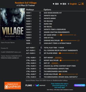 Resident Evil Village Trainer for PC game version v1.0