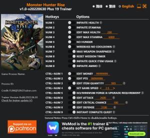 Monster Hunter: Rise Trainer for PC game version v30.06.2022