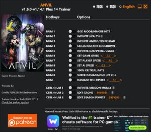 ANVIL Trainer for PC game version v1.14.1