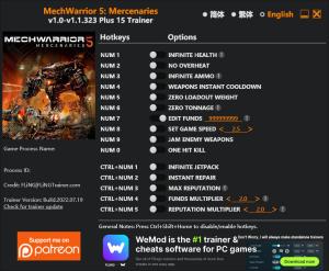 MechWarrior 5: Mercenaries Trainer for PC game version v1.1.323
