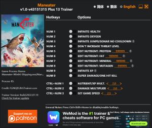 Maneater Trainer for PC game version v20.07.2022