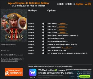 Age of Empires II: Definitive Edition Trainer for PC game version Build 63581