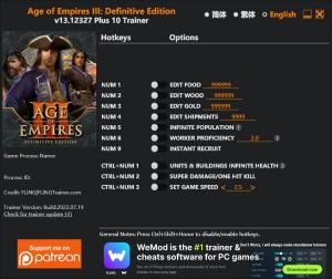 Age of Empires III: Definitive Edition Trainer for PC game version v13.12327