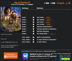Age of Empires IV Trainer for PC game version  v17718
