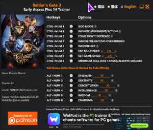 Baldur's Gate 3 Trainer for PC game version Early Access 19.07.2022