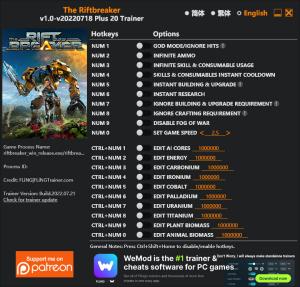 The Riftbreaker Trainer for PC game version v18.07.2022