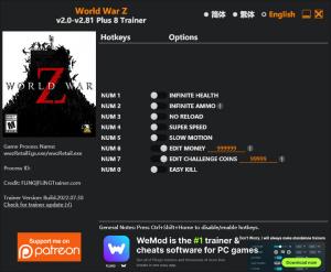 World War Z Trainer for PC game version v2.81