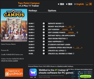 Two Point Campus Trainer for PC game version v1.3