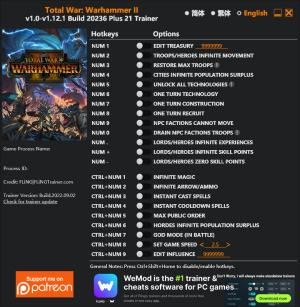Total War: Warhammer 2 Trainer for PC game version v1.12.1 2022.09.02