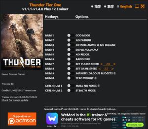 Thunder Tier One Trainer for PC game version v1.4.0