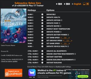 Subnautica: Below Zero Trainer for PC game version v2022.09.19
