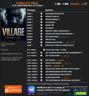 Resident Evil Village Trainer for PC game version v2022.10.28