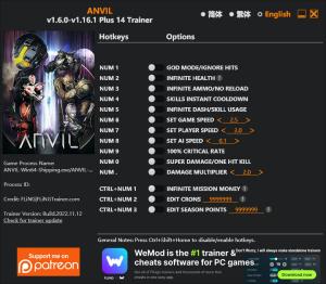 ANVIL Trainer for PC game version v1.16.1