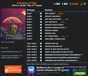 Industries of Titan Trainer for PC game version v0.28.1