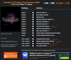 Stranger of Paradise: Final Fantasy Origin Trainer for PC game version v1.22