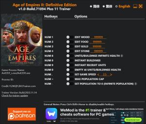 Age of Empires II: Definitive Edition Trainer for PC game version Build 71094