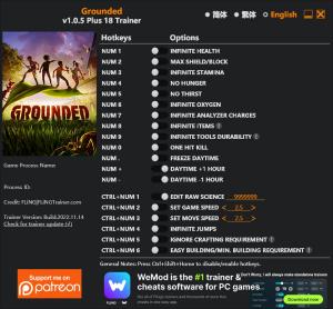 Grounded Trainer for PC game version v1.0.5