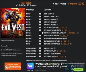 Evil West Trainer for PC game version  v1.0.3