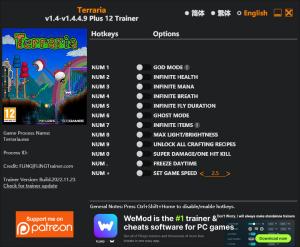 Terraria Trainer for PC game version v1.4.4.9
