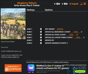 Kingdoms Reborn Trainer for PC game version Early Access 2022.12.20