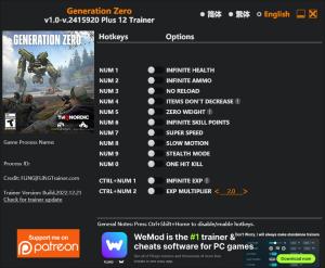 Generation Zero Trainer for PC game version v.2415920