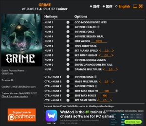 GRIME Trainer for PC game version v1.11.4