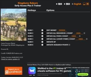 Kingdoms Reborn Trainer for PC game version Early Access 2022.12.22