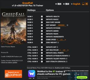 GreedFall Trainer for PC game version v20210729