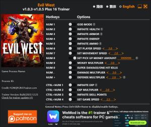 Evil West Trainer for PC game version v1.0.5