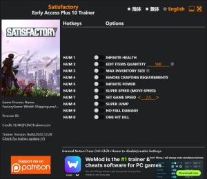 Satisfactory Trainer for PC game version Early Access 2022.12.28