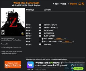 World War Z Trainer for PC game version v2023.01.24