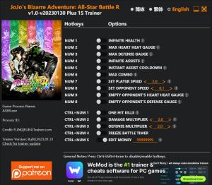 JoJo's Bizarre Adventure: All-Star Battle R Trainer for PC game version v2023.01.30