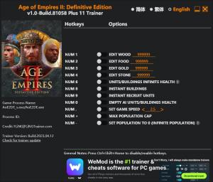 Age of Empires II: Definitive Edition Trainer for PC game version Build 81058