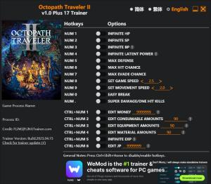 OCTOPATH TRAVELER II Trainer for PC game version v1.0